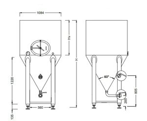 Schéma dimensions technique - Conique avec ouverture totale - 860 à 1670 litres