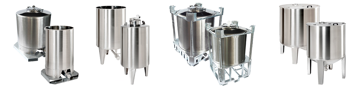 Gamme de cuves, futs, réservoirs inox, palettisable, sur pieds, mobiles, INOX 304 ou INOX 316, différentes configurations et options