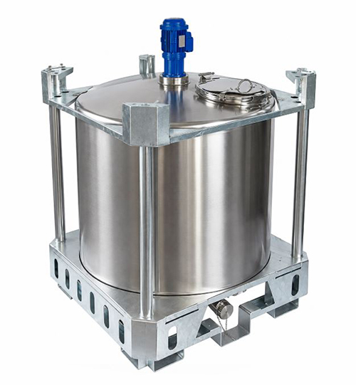 Cuve INOX 304 ou INOX 316 IPC avec trappe + bride pour agitateur / mélangeur, base palettisable + cage